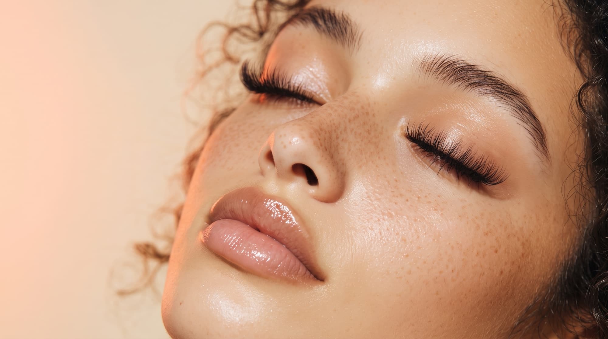 Serene close-up with eyes closed and long dark lashes on a warm peach backdrop