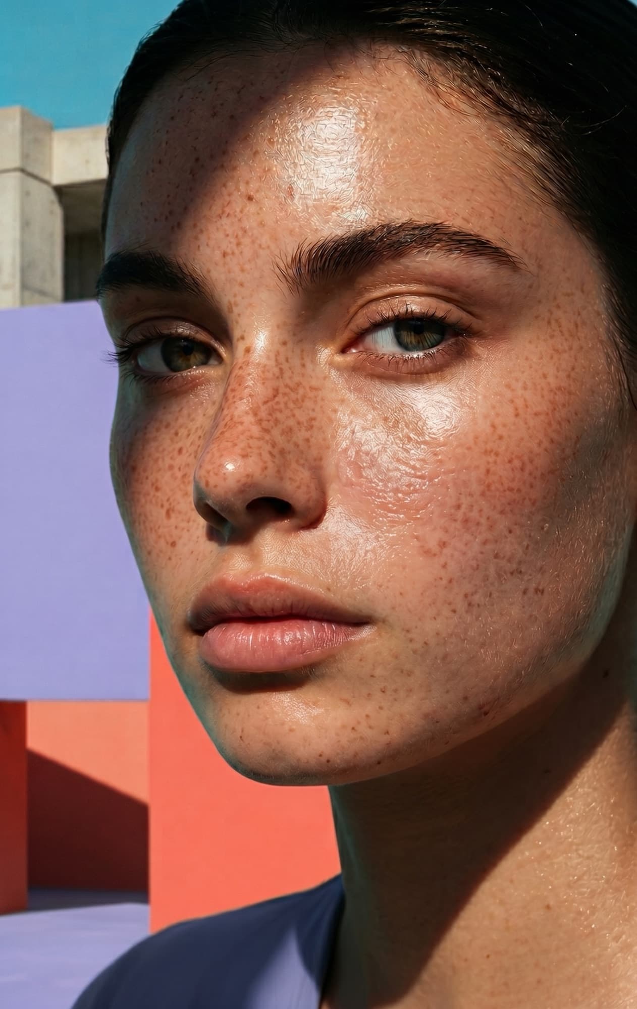Editorial beauty portrait in sunlight against colorful architecture