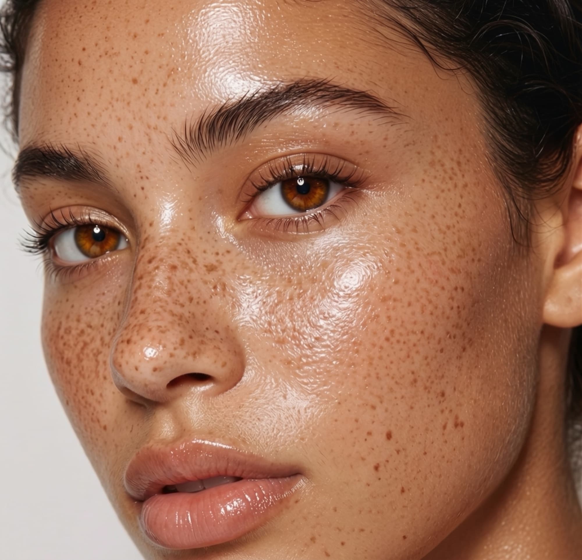 Glowing macro beauty portrait with soft freckles and defined lashes